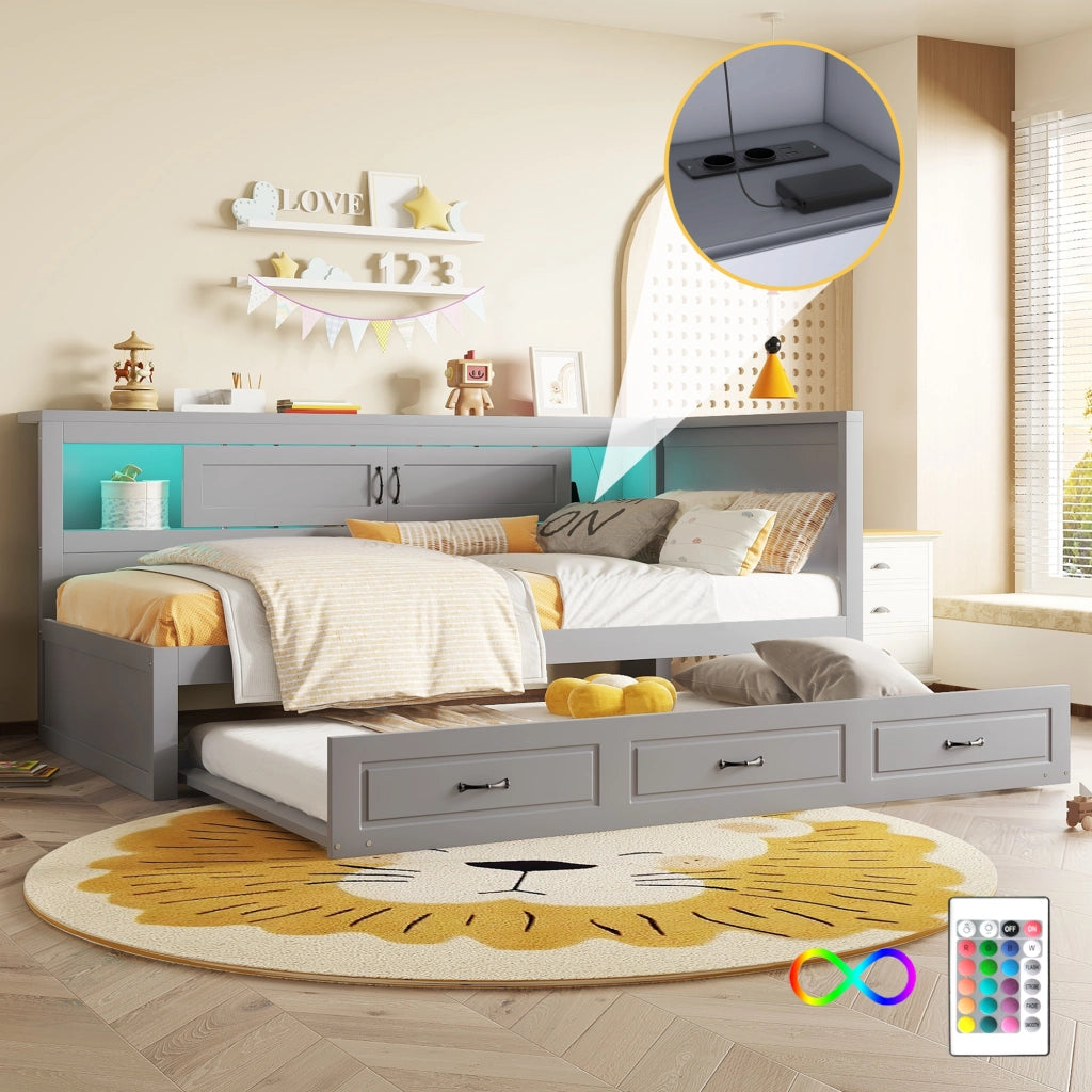 OKWISH Letto a Scomparsa 90×200 cm, Letto Singolo con Letto Estraibile, LED e Prese con USB, senza Materasso, Grigio