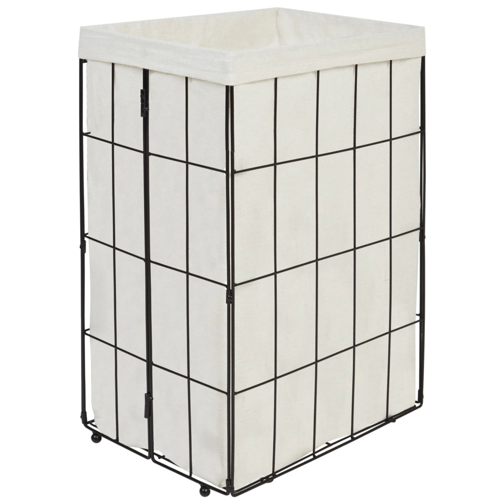 Cesto portabiancheria in metallo con coperchio rimovibile in bambù nero e legno chiaro stile moderno