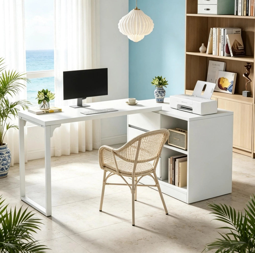 Scrivania angolare a L bianca con cassetti e ripiani, design moderno per ufficio e casa
