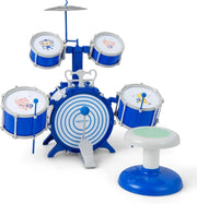 Batteria per Bambini da 3+ Anni, Set di Tamburi con Sgabello, 5 Tamburi, 2 Bacchette, Leggio e Pedaliera, Strumento Musicale per Bambini, Jazz Rock Drum Regalo per Bambini, Blu
