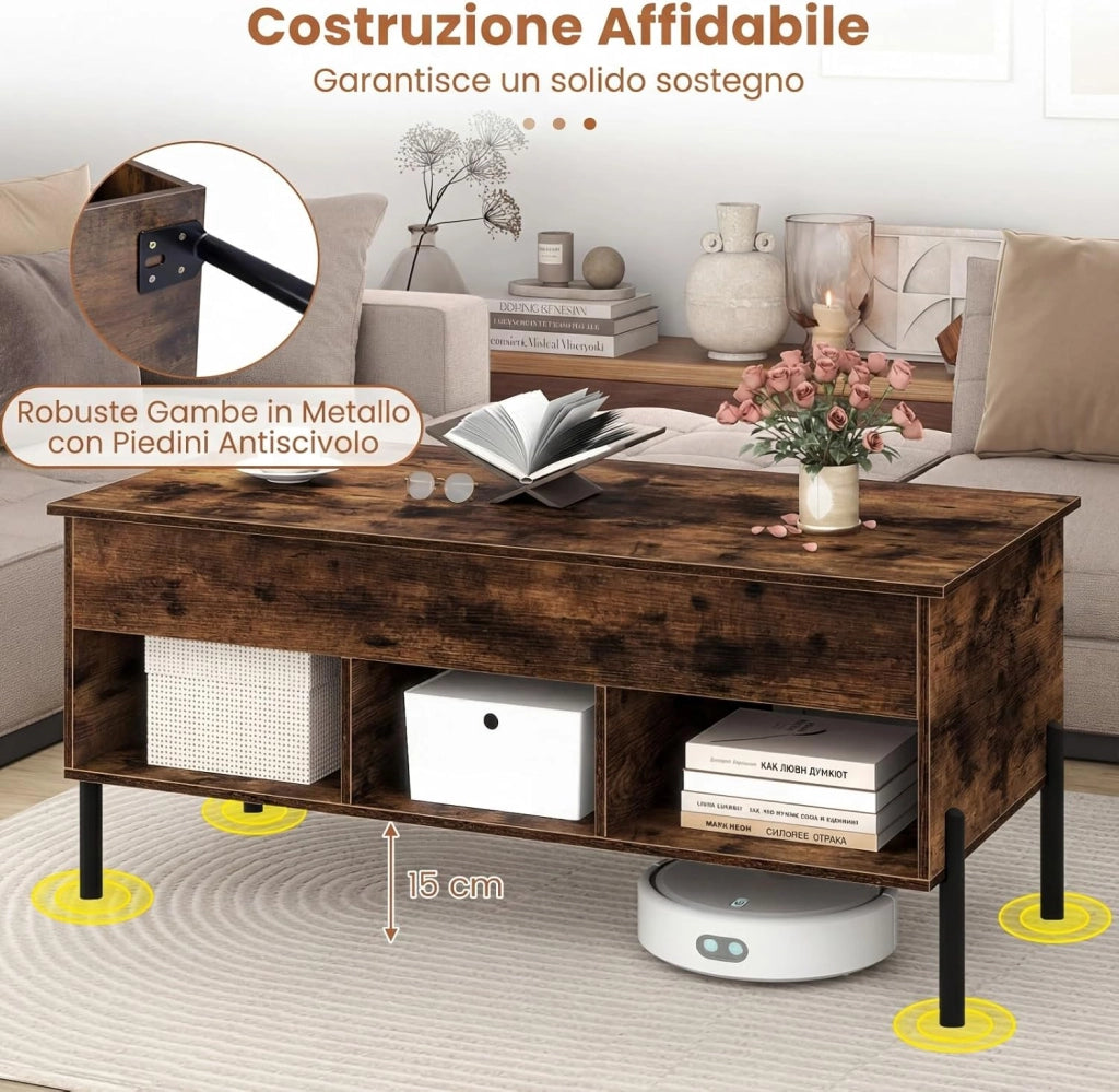 Tavolino da Caffè Sollevabile, Tavolino da Salotto con Piano Regolabile in Altezza, Scomparti e Piedini Antiscivolo, Design Moderno, per Soggiorno, Camera da Letto, Studio (Marrone)