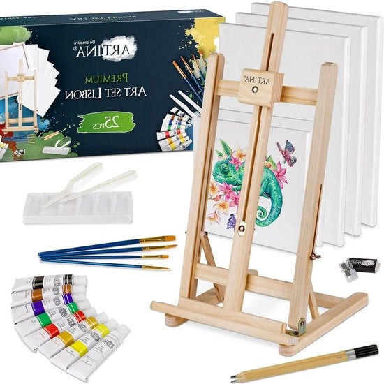 Sedia a Tavolino da Pittore 25 pezzi Lisbon - Set di Pittura Acrilica per Artisti - Tavolino - Panni da Pittura - Pennelli - Accessori - Realizzato con Legno FSC certificato