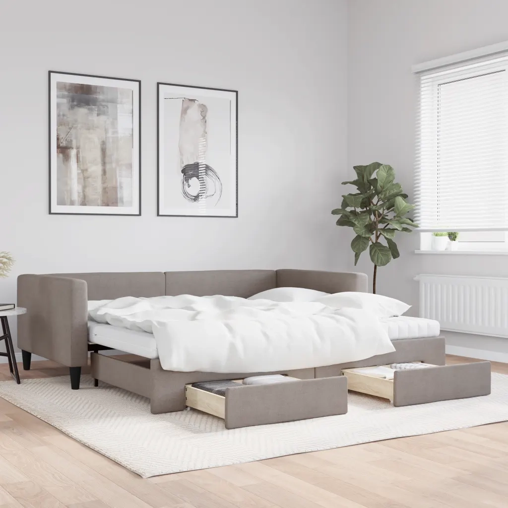 Divano Letto Estraibile con Cassetti Tortora 100x200 cm Tessuto