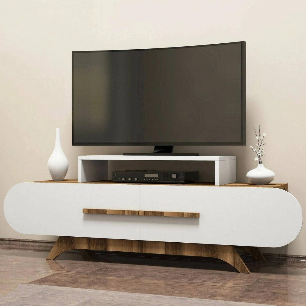 Mobile porta TV Baghdad, Credenza da soggiorno, Armadio basso per TV, Base parete attrezzata, 145x37h50 cm, Noce e Bianco