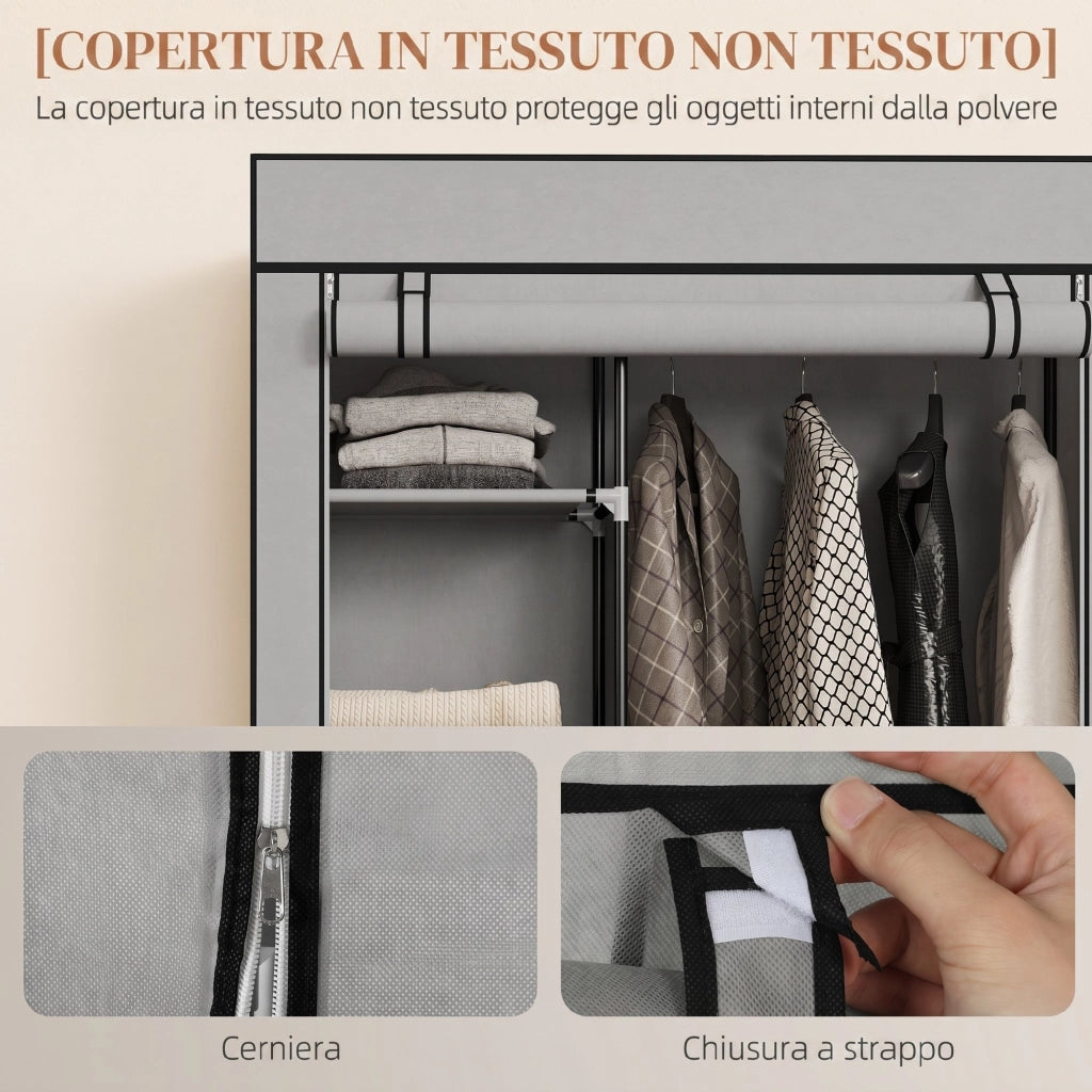 Armadio Portatile 103x43x162,5 cm con Ruote 6 Ripiani Aperti in Tessuto non Tessuto e Acciaio Grigio Chiaro