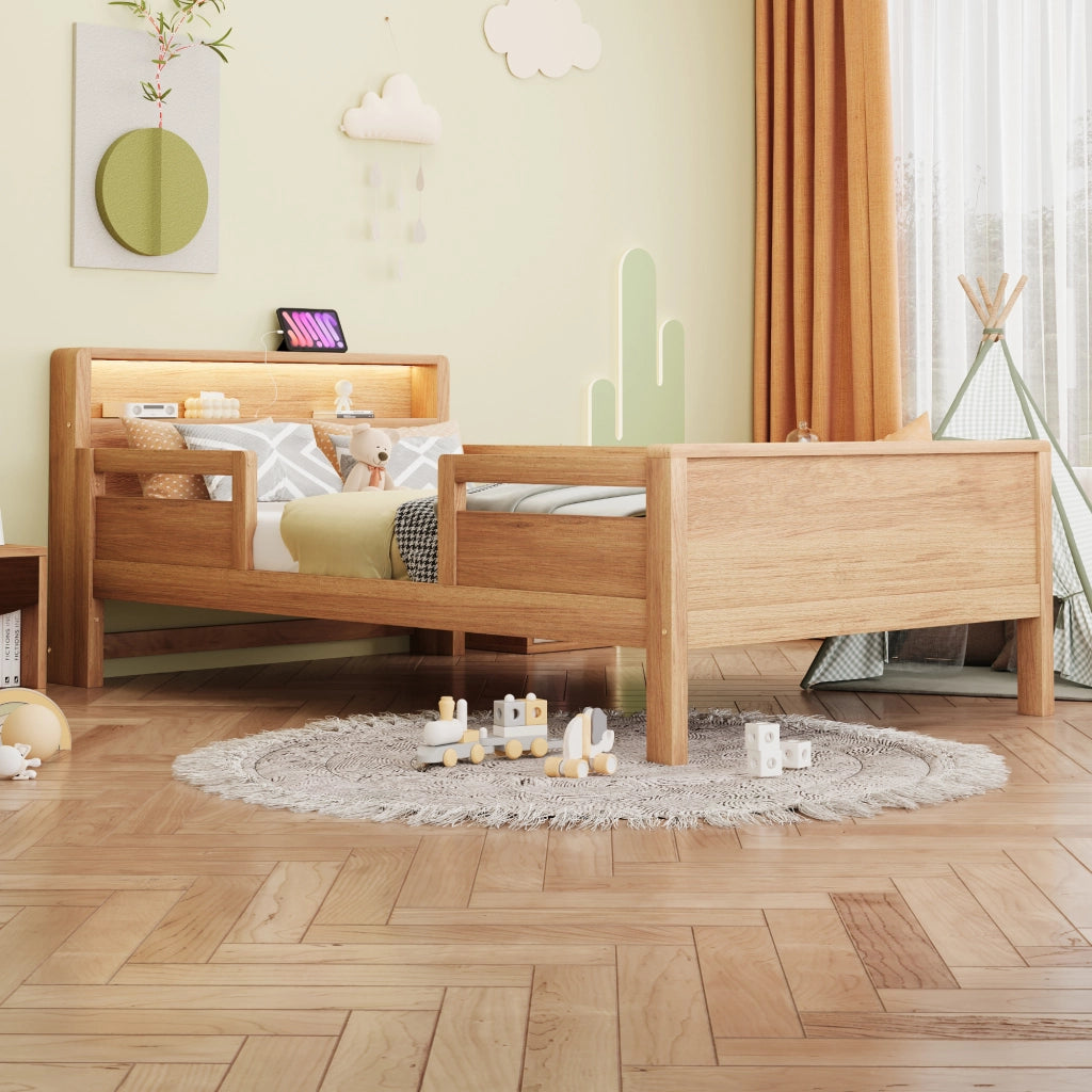 LETTO Bambini 90x200 cm in legno di pino naturale con LED e presa USB/Type-C