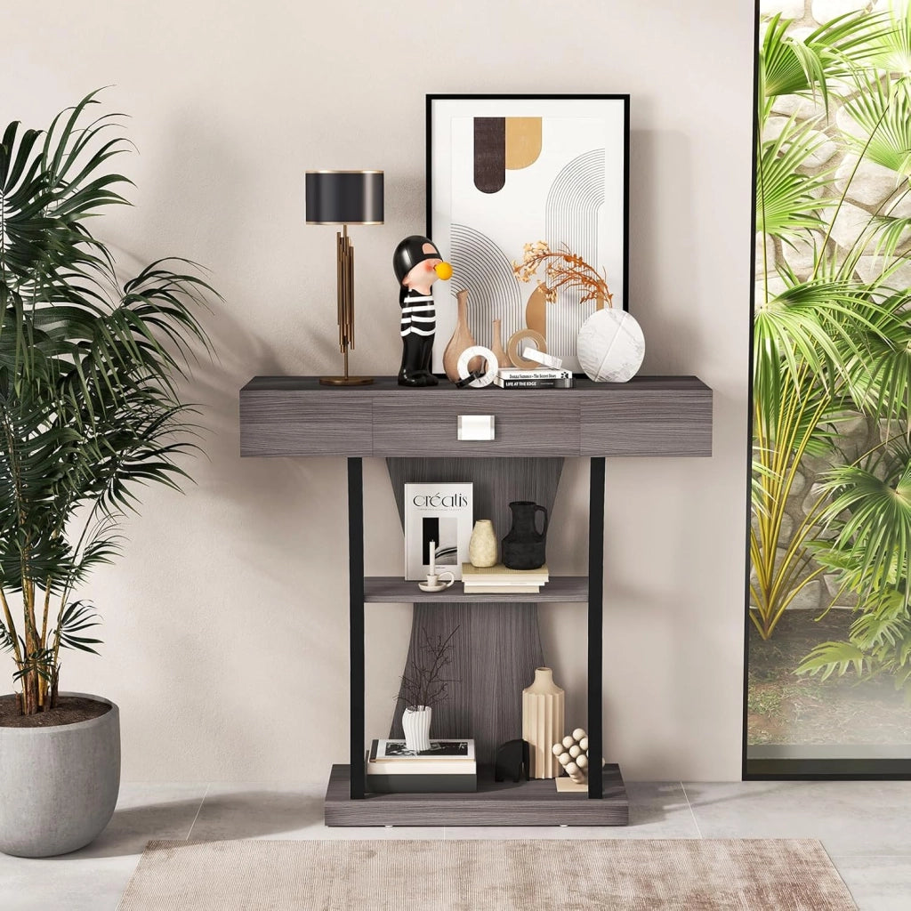 Consolle in Legno con Cassetti, Tavolo Ingresso con Ripiani e 2 Kit Anti-ribaltamento, Multiuso e Salvaspazio per Salotto, Camera da Letto e Corridoio, 91 x 30 x 88 cm (Grigio)