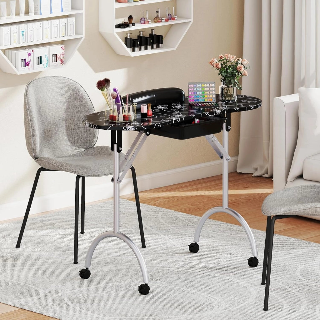 COSTWAY Tavolo Manicure Pieghevole, Tavolo Unghie Estetista Portatile con Ruote, Cassetto, Cuscino Poggiapolsi e Borsa