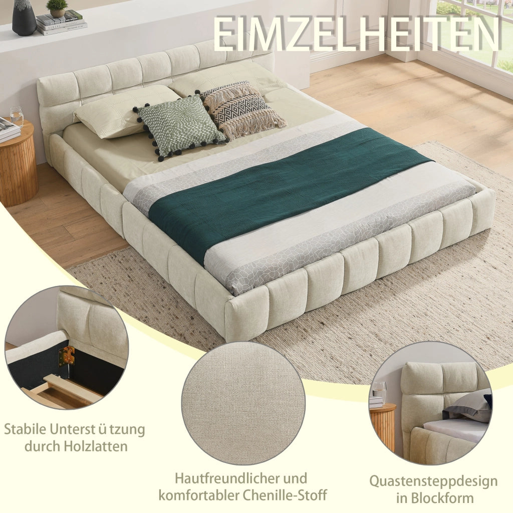 Letto Matrimoniale 140x200 cm in Chenille; Struttura in Legno e Ferro; Beige