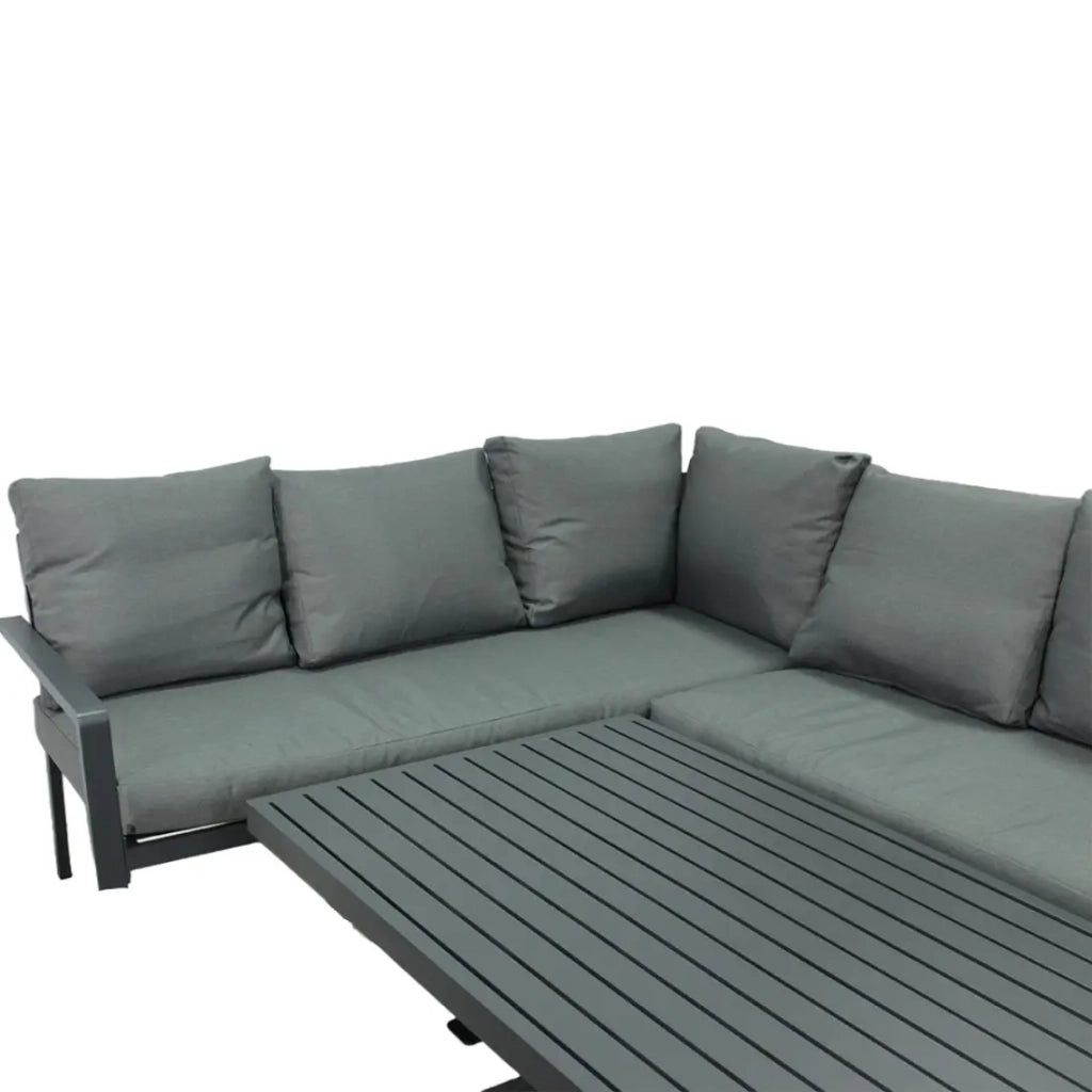 Salotto da giardino ad angolo 7 posti in alluminio grigio con tavolo regolabile e pouf – FERONA