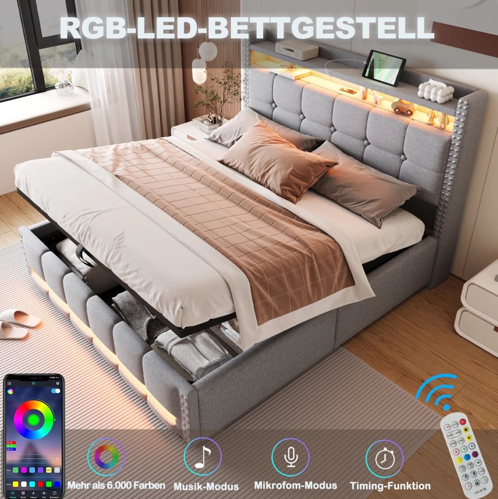Letto matrimoniale imbottito 160x200 cm con LED; USB e contenitore; grigio chiaro in tessuto di lino