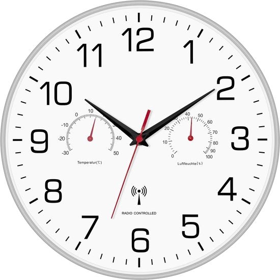 Orologio a Parete Radiocomandato Moderno con Termometro e Umidometro - Orologio a Parete Silenzioso senza Suoni di Goccia 30cm per Interno e Esterno (Soggiorno, Cucina, Ufficio, Giardino) - Plastica