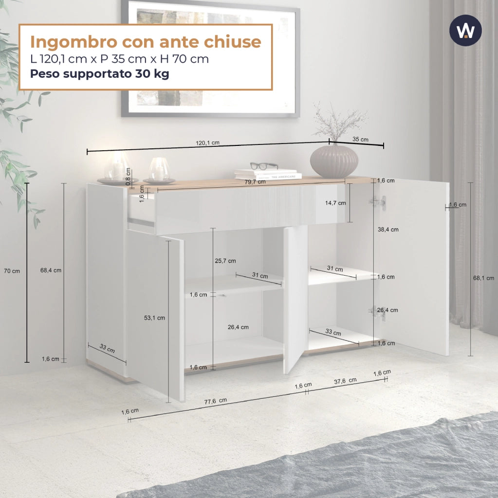 WHOUS Credenza Garda 3 ante e 1 cassetto bianco lucido e rovere 120,1x35x70 cm