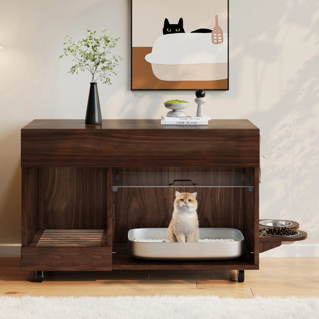Mobile coperto per lettiera per gatti con vassoio raccogli sabbia e ruote, per soggiorno, in MDF, noce, 100 × 45,5 × 67 cm