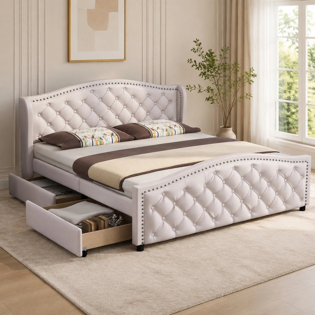 Letti contenitori 140x200 cm con 2 cassetti; testiera capitonné in PU bianco (Senza materasso)