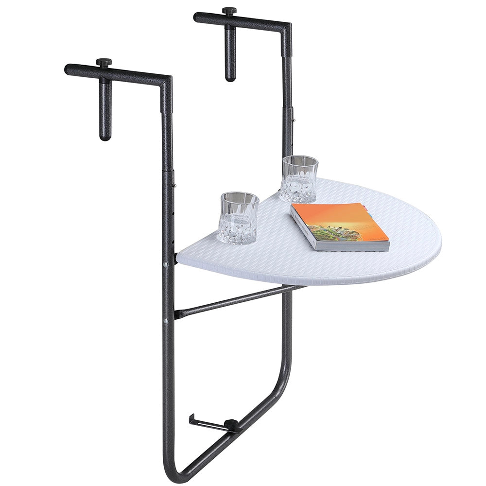 Tavolino Balcone Pieghevole Metallo e Polyrattan 2 Porta Bicchieri Regolabile Bianco