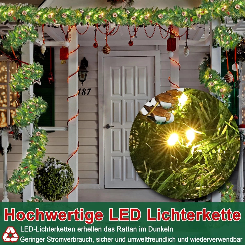 Ghirlanda natalizia con illuminazione, 800 cm, ghirlanda di abete, ghirlanda di Natale, spina di Natale, alimentazione con pigne rosse, decorazione natalizia per esterni
