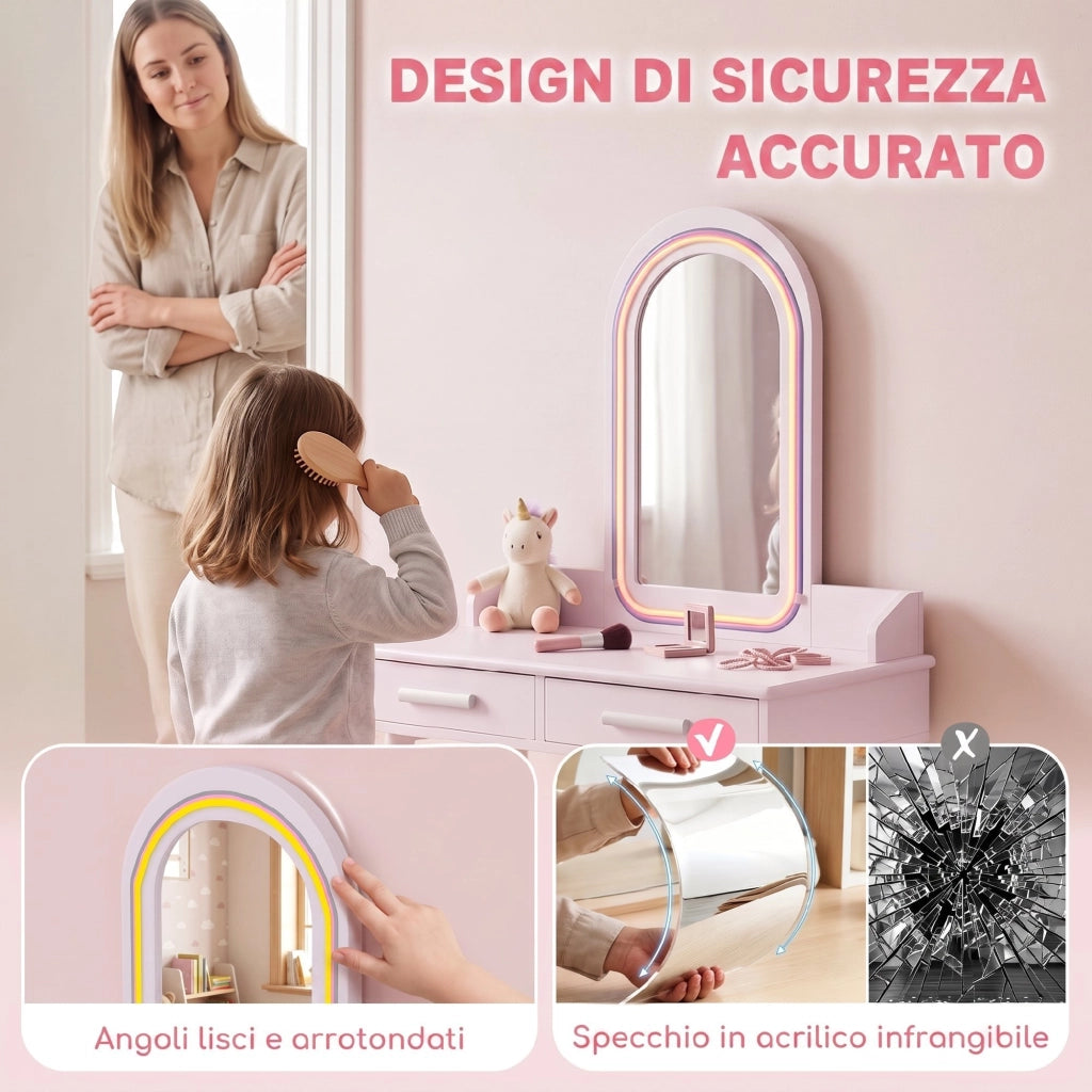 Set Toeletta Trucco Bambina 2 in 1 con Sgabello e LED, 3-8 Anni Rosa