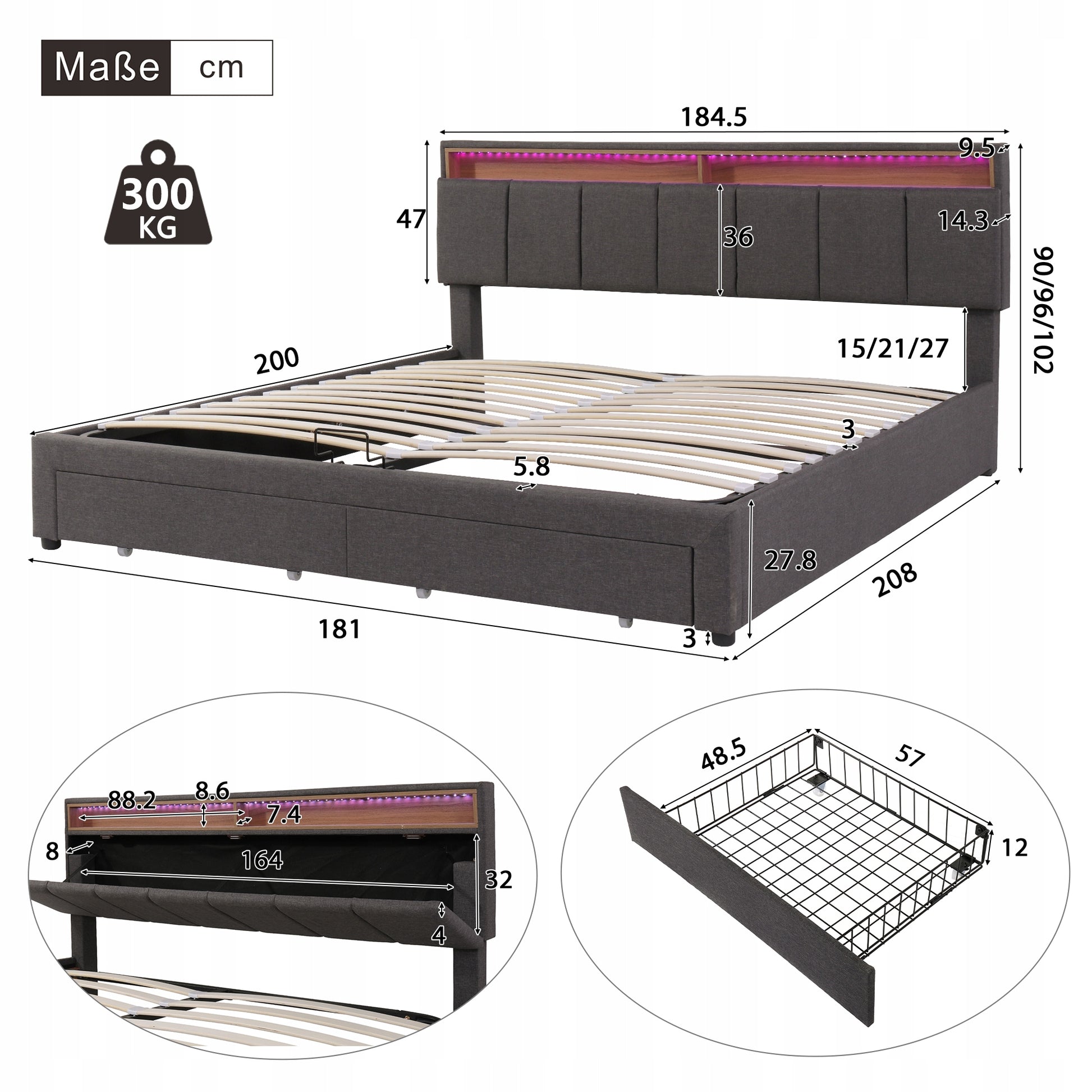Letto matrimoniale 180x200cm - Xylo - LED, Lniane, Schowek, Szare