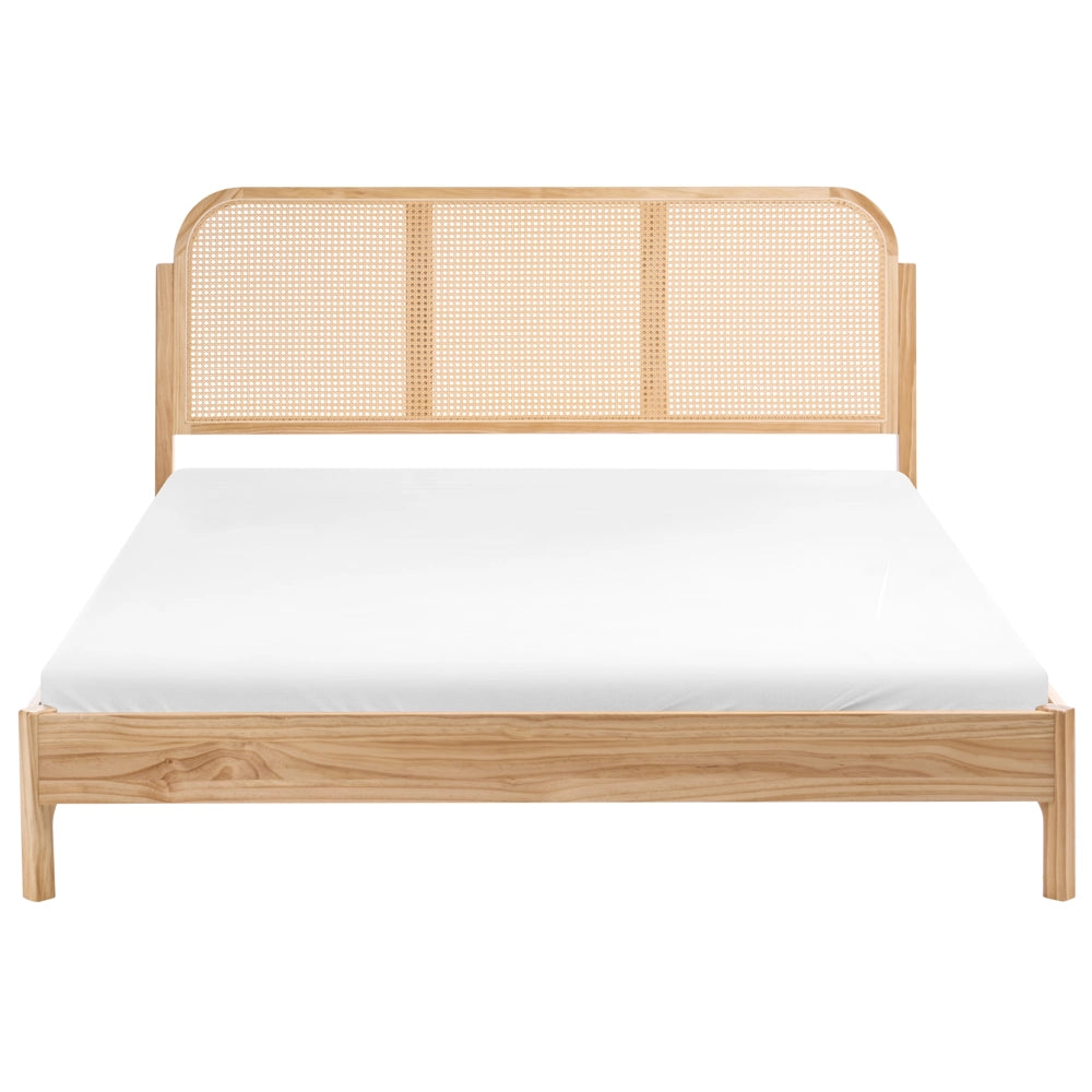 Letto matrimoniale con struttura in legno di pino e testiera in rattan sintetico 160x200 cm con doghe per camera da letto color marrone chiaro