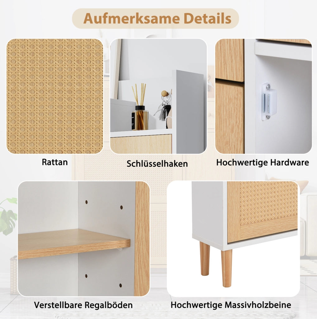 Mobile portascarpe in stile rattan con 3 ante a ribalta e 1 cassetto; 90x125x17 cm; MDF naturale e bianco
