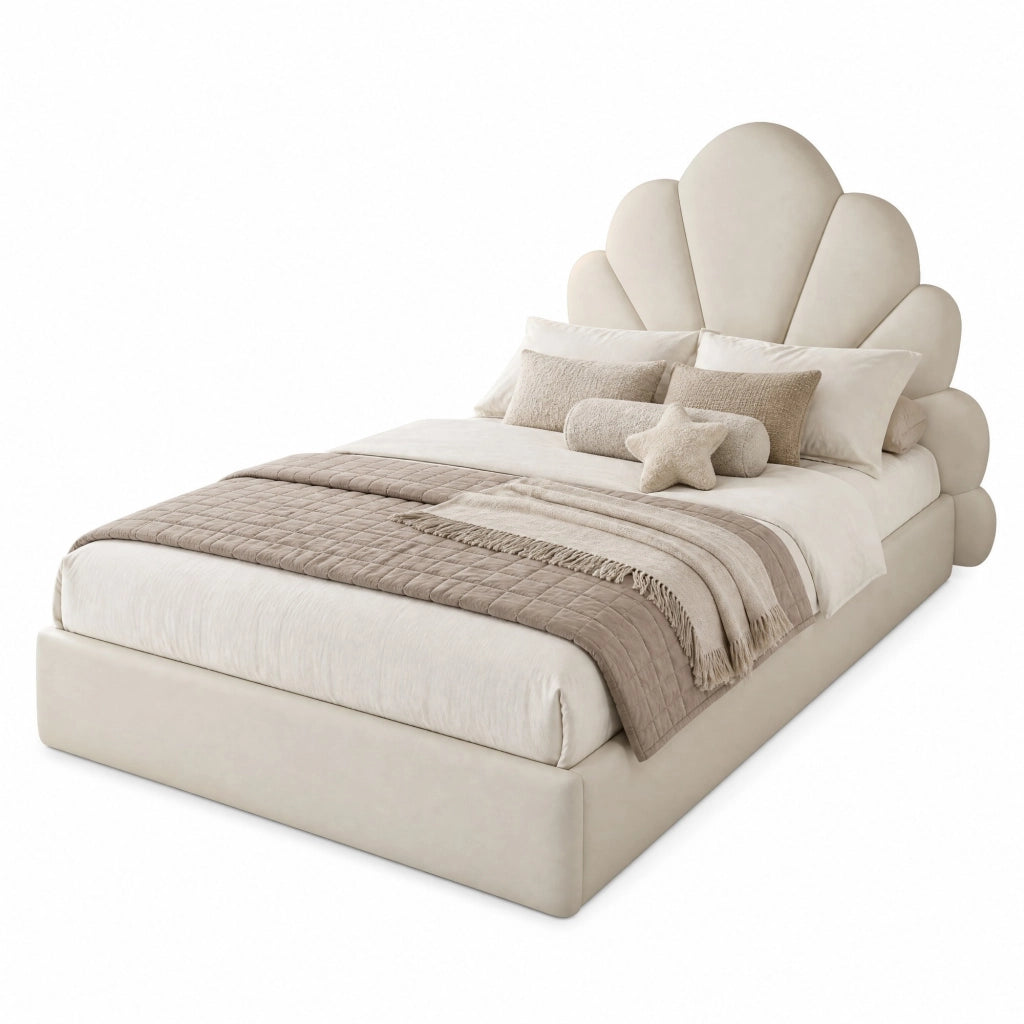 Letto singolo imbottito in velluto beige 90x200 cm con testiera a petali e piani d'appoggio laterali