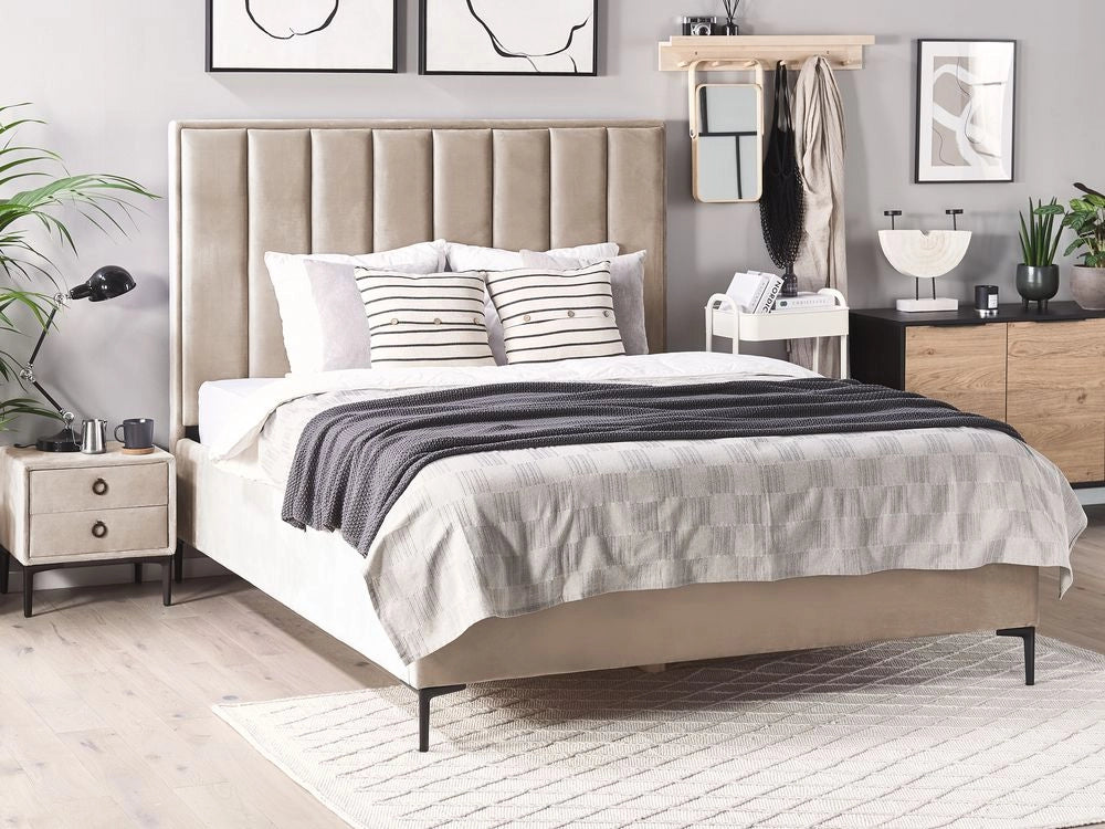 Set da camera da letto rivestiti in velluto tortora con due comodini 160 x 200 cm stile elegante