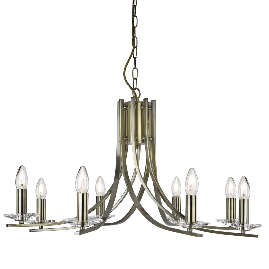 Lampadario Industrial-Nordico Ascona Acciaio Ottone Vetro 8 Luci E14