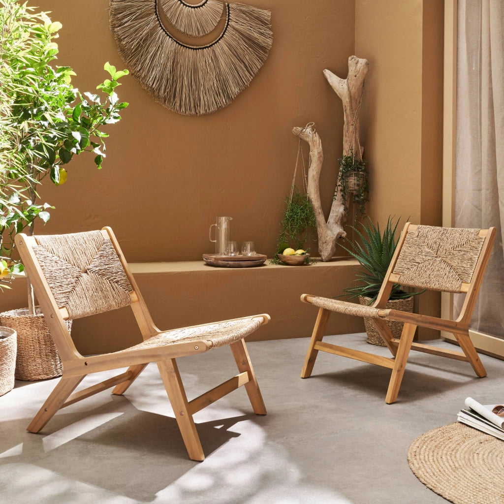 Set 2 sedie in legno e resina effetto paglia, marrone naturale