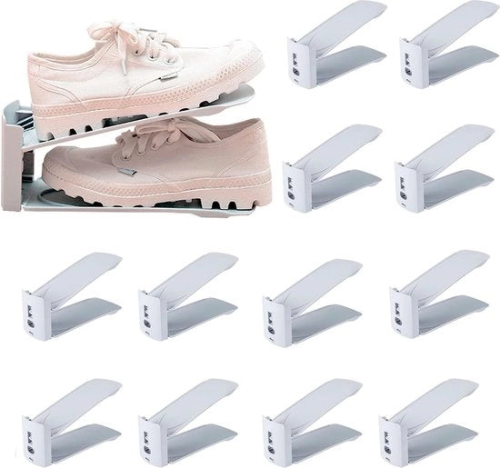Organizzatore per scarpe, risparmia spazio, cassetta per scarpe con superficie antiscivolo, contenitore per scarpe, 3 piani alti regolabili, compatibile con tutti i tipi di scarpe, piattaforma regolabile per scarpe, 12 pezzi, grigio