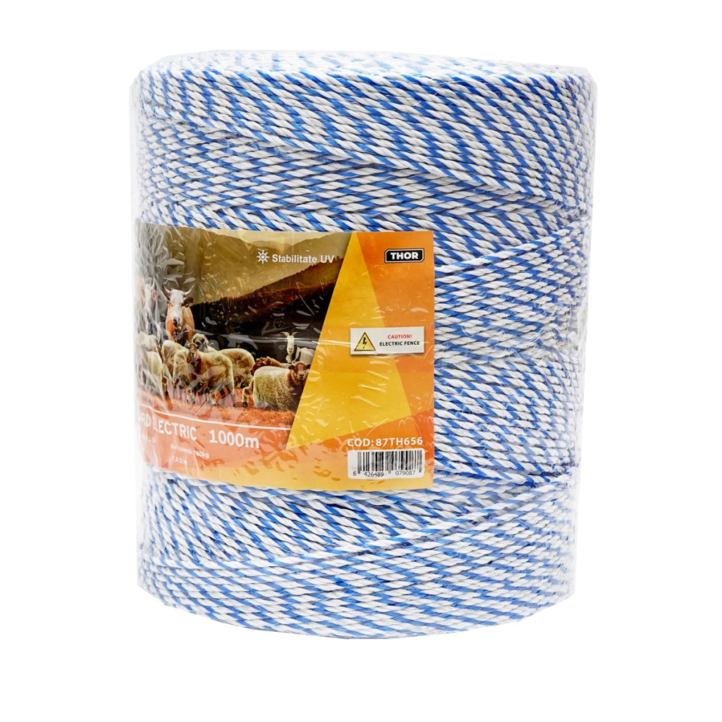 Filo bianco-blu, diametro 3 mm, inserto metallico 3x0.2 mm SS, resistenza 7.8 Ohm/m, 1000 m per recinzione elettrica, Thor