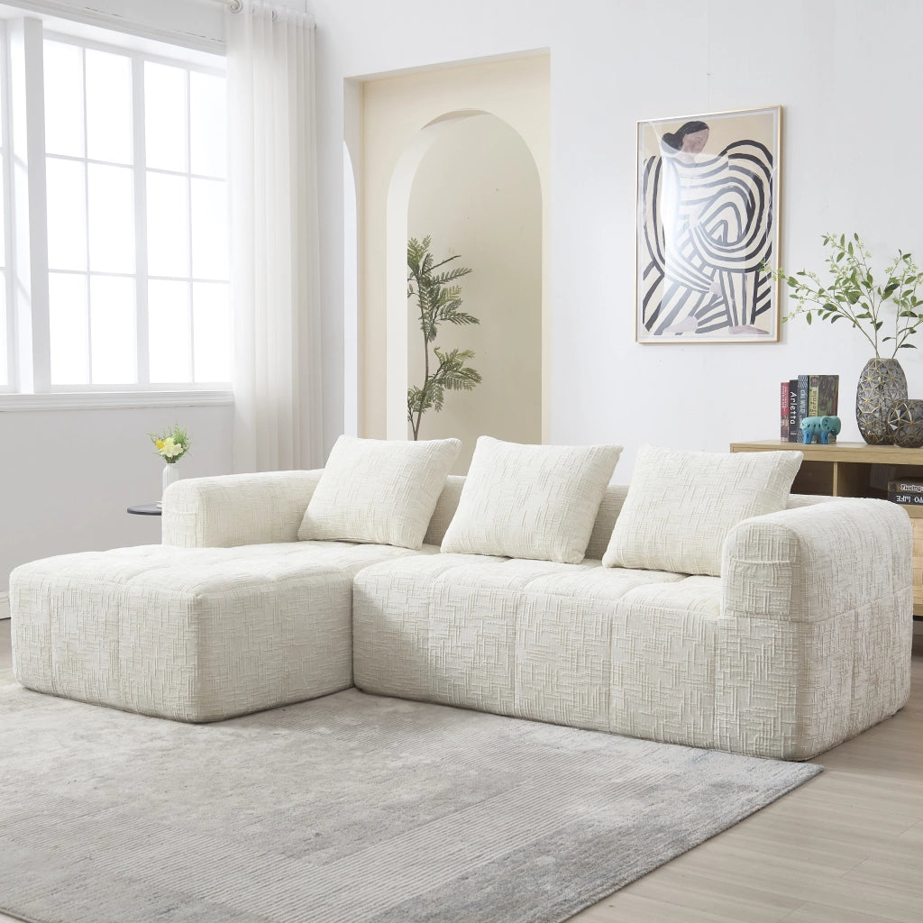 OKWISH Divano Angolare 3 Posti, Composizione Modulare senza Montaggio con Penisola, 3 Cuscini, Ciniglia Beige