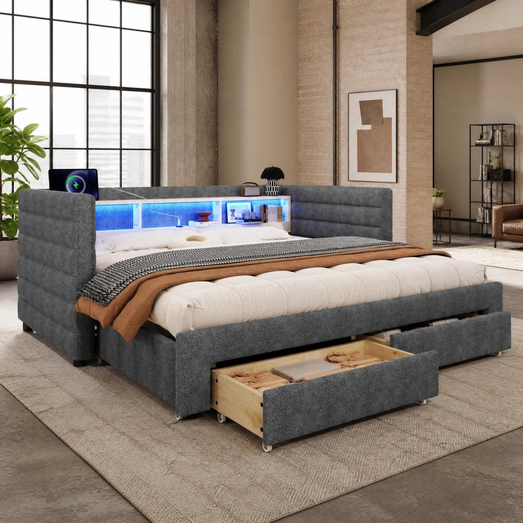 DESMIU Letto estraibile 90 × 190 cm 1 posto con LED, USB, Type-C, 2 cassetti e vani, senza materasso, in velluto grigio