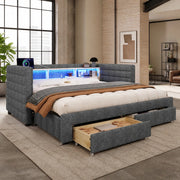 DESMIU Letto estraibile 90 × 190 cm 1 posto con LED, USB, Type-C, 2 cassetti e vani, senza materasso, in velluto grigio