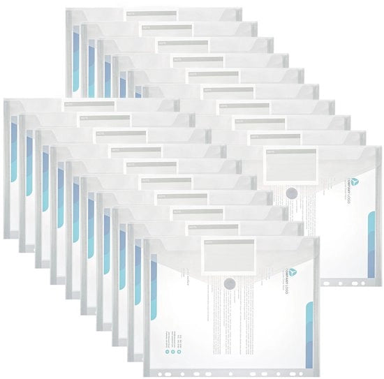 Documenti A4 trasparenti per organizzazione documenti con fori e raccordo A4, chiusura con elastico e spazio per etichetta