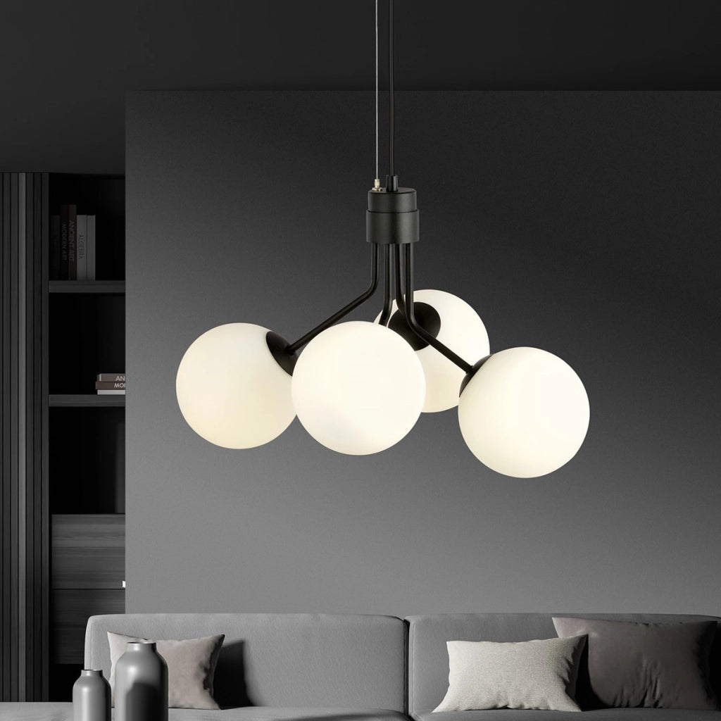 Lampada a sospensione NOVA in acciaio nero e vetro opale