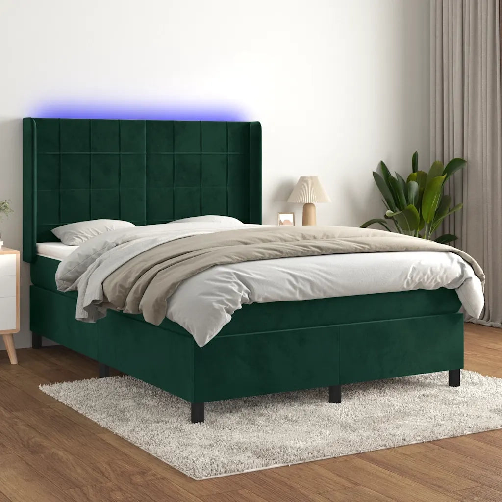 Letto a Molle con Materasso e LED Verde Scuro 140x200cm Velluto 3139568