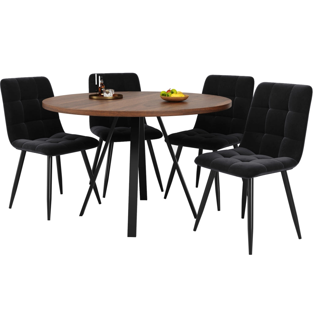 Set tavolo da pranzo 80x80 cm con 4 sedie in velluto noce e nero