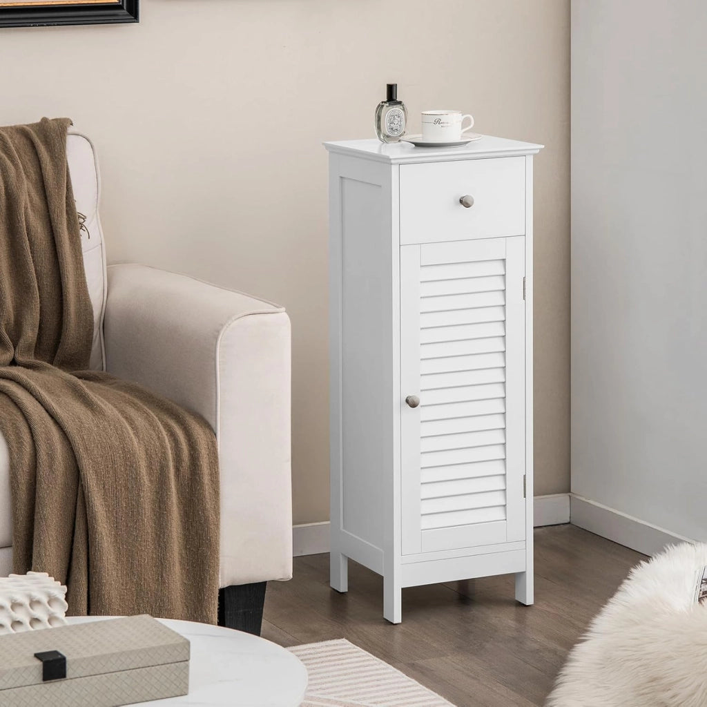 Armadietto portaoggetti da pavimento per bagno, autoportante, con 1 anta, 1 cassetto e ripiano regolabile a 3 altezze, armadio sottile, organizer per camera da letto, soggiorno, corridoio