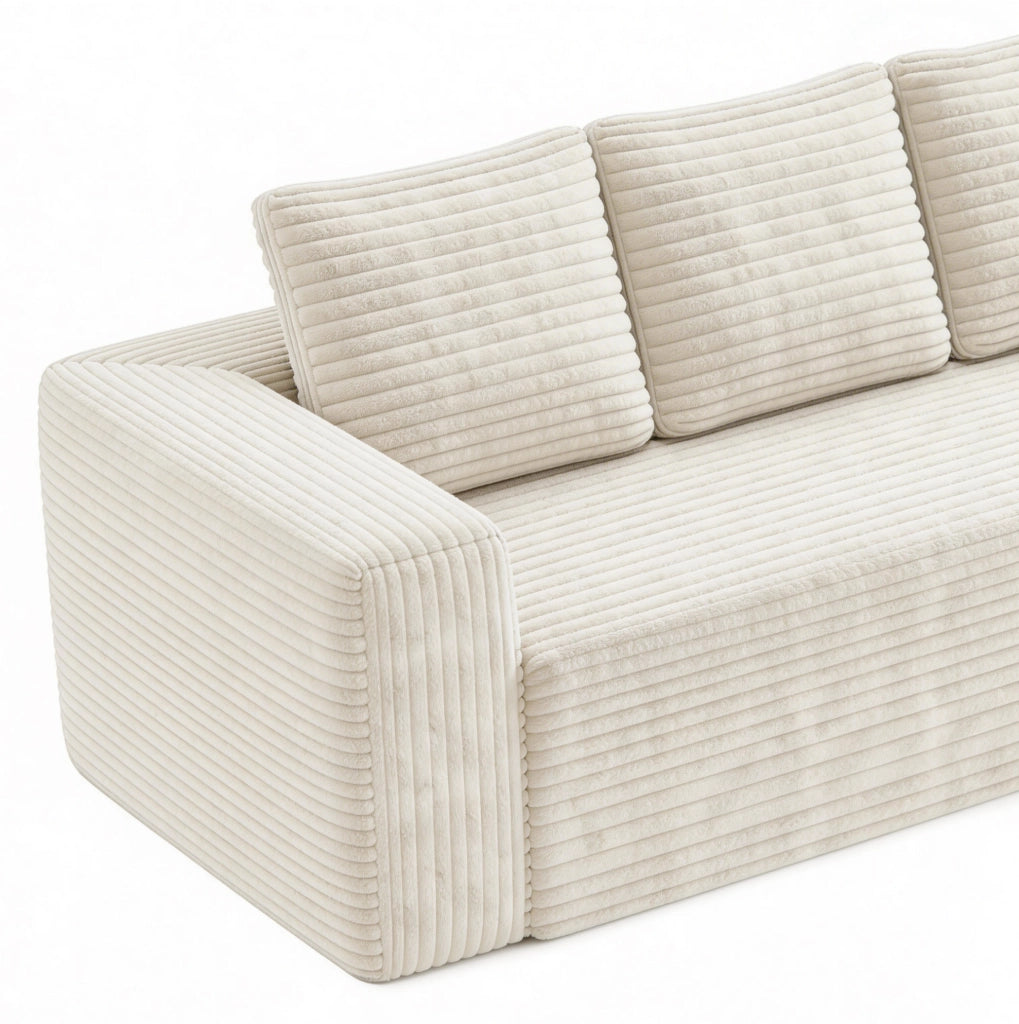 Divano modulare a L con chaise longue reversibile in velluto a coste beige