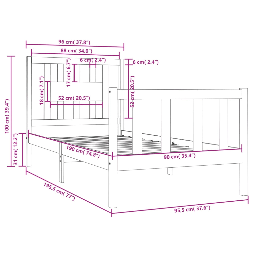 Giroletto-Struttura Letto in Legno Massello 90x190 cm Single 838160