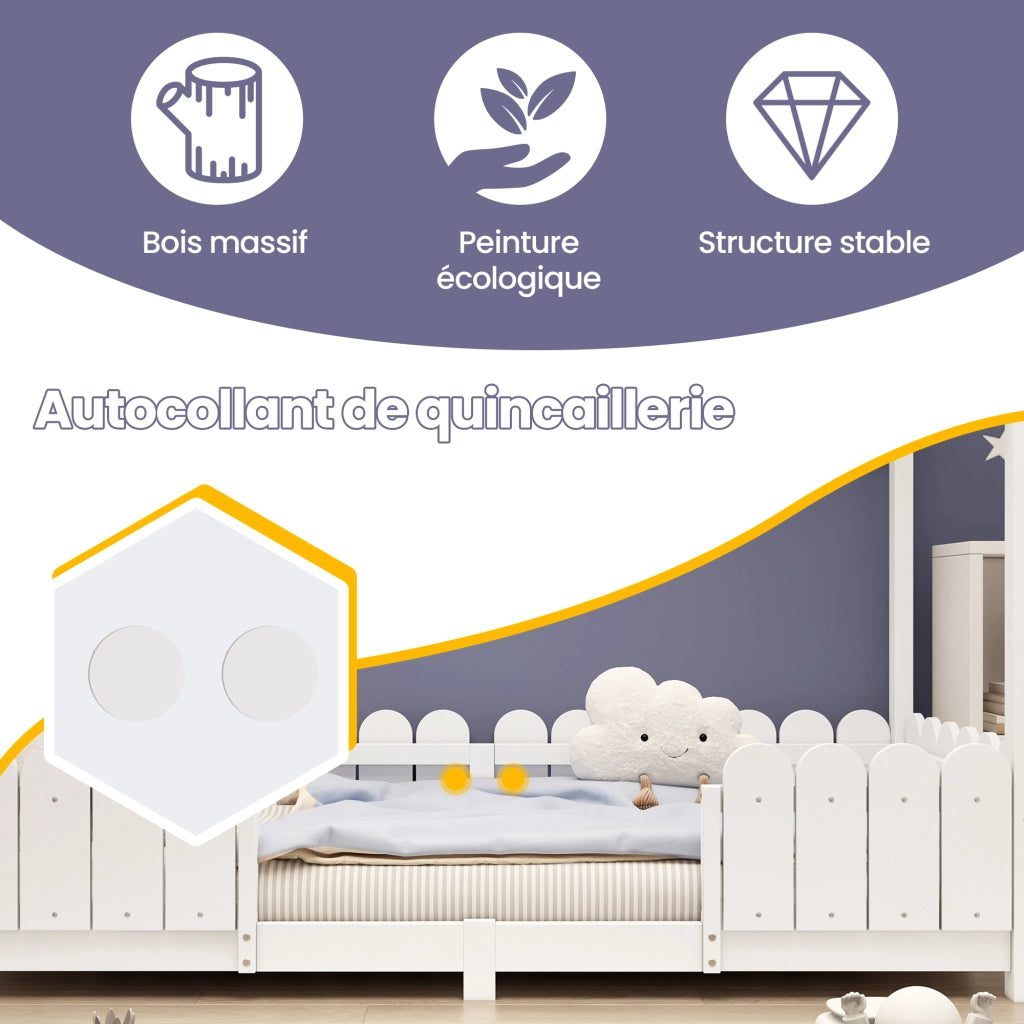 Letto Casetta 90x200 cm con Sponda e Rete a Doghe - in Legno Massello e Bianco