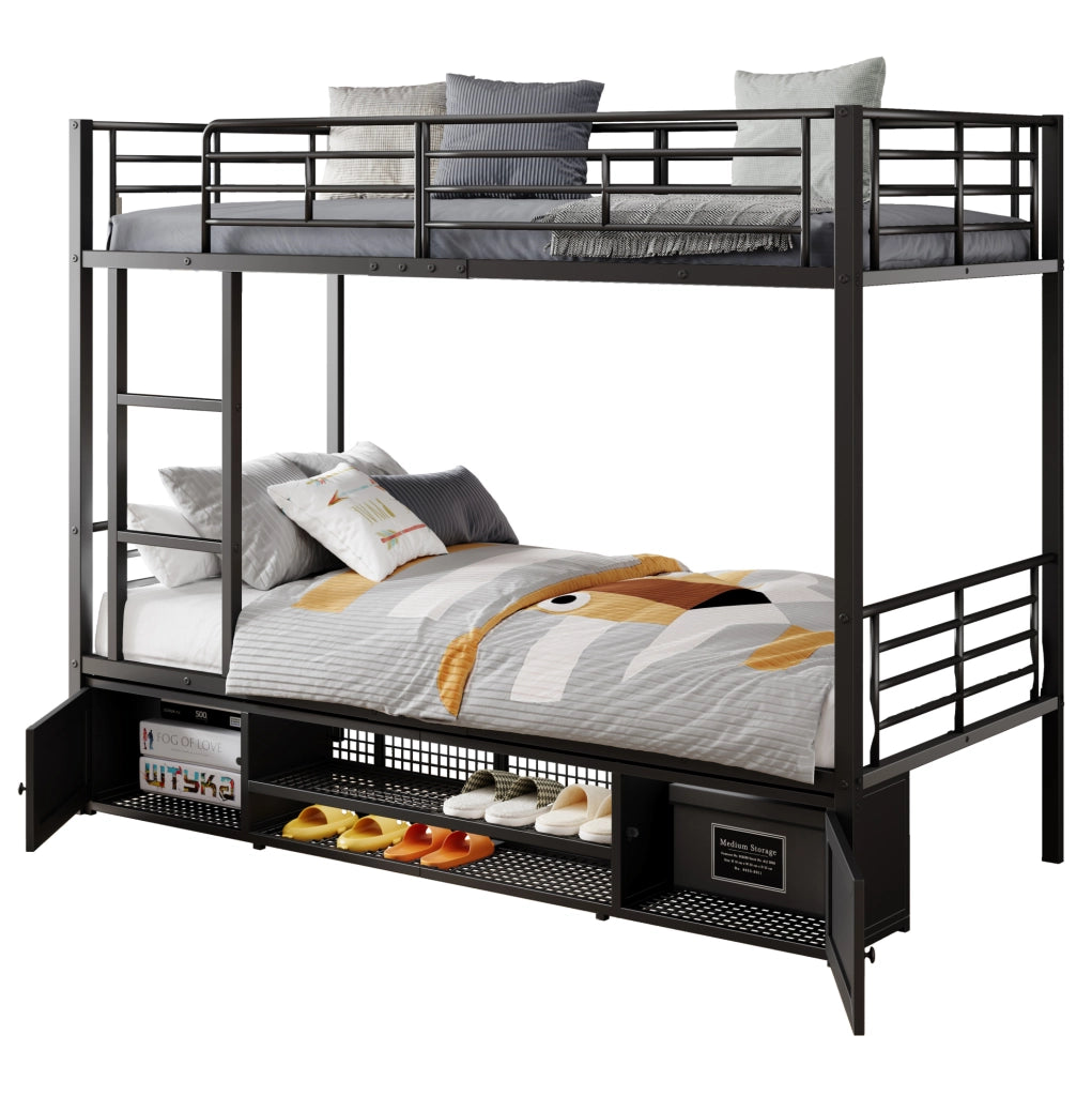 Letto a castello in metallo 90x200 cm con scala; ripiano per scarpe e 2 armadietti nero
