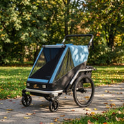 RIMORCHIO BICI PER BAMBINI 2 POSTI 2-in-1 PIEGHEVOLE BLU ALLUMINIO