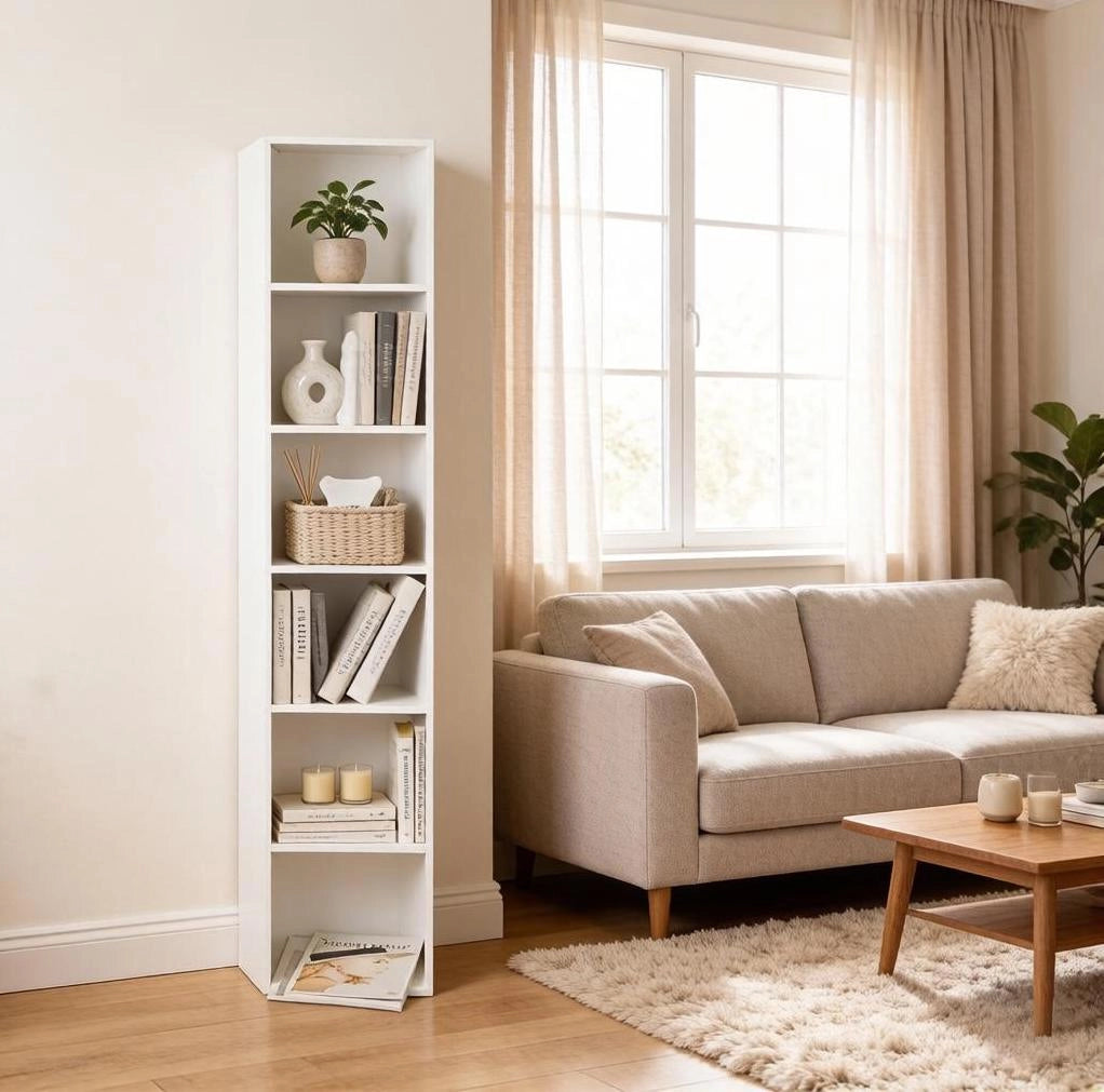 Libreria verticale bianca a 6 vani in MDF e truciolare