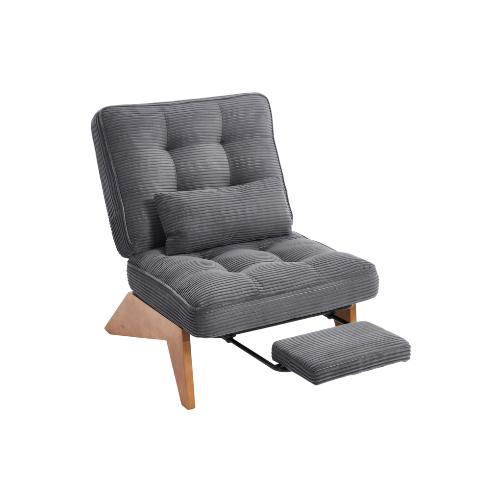 OKWISH Poltrona Relax in Velluto a Coste, Schienale Regolabile con Cuscino Lombare e Gambe in Legno, Grigio Scuro