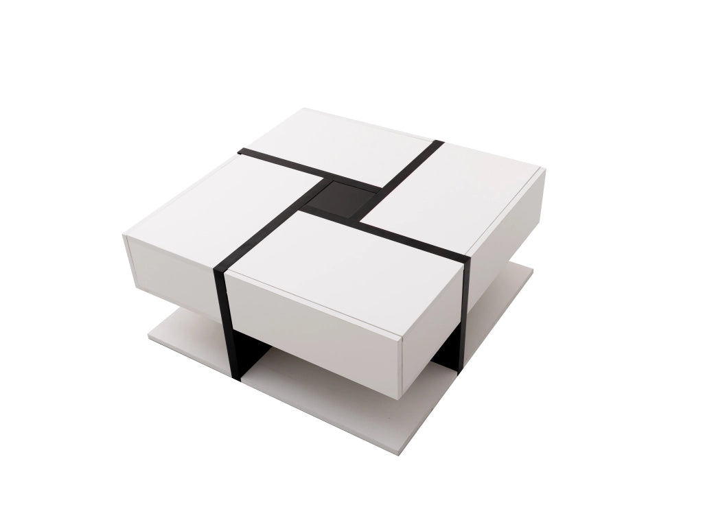 Tavolino da Caffè Quadrato con 4 Cassetti e Ripiano; Design a Linee; Bianco Lucido; in Pannello Truciolare; Bianco; 78×78×36 cm