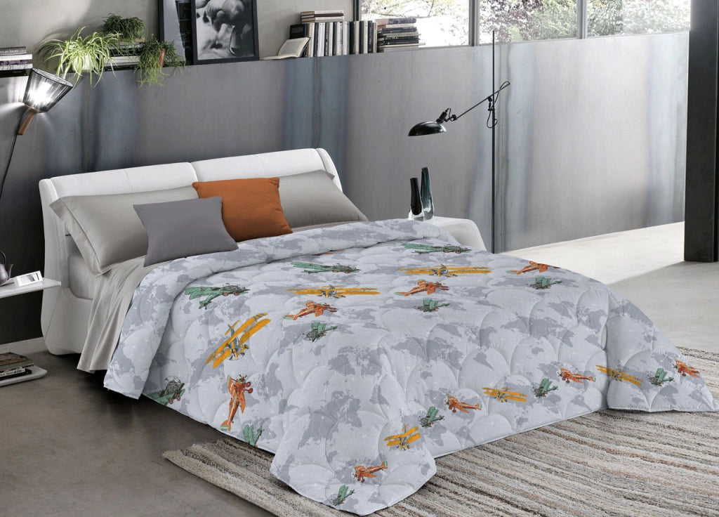 Trapuntino Piumino Estivo Linea Pensieri Delicati Disegno Aerei Colore Grigio - Matrimoniale - Grigio