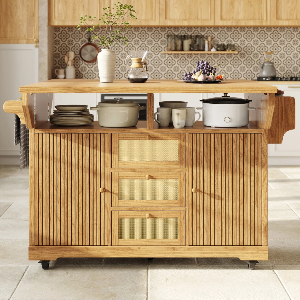 Carrello cucina pieghevole con altezza ergonomica 95 cm, struttura in MDF e metallo, colore legno naturale