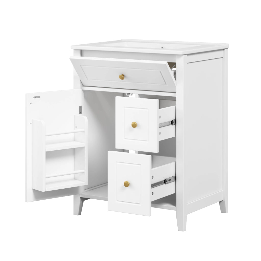Mobile bagno con lavabo in ceramica; 2 cassetti; 1 anta e ripiano laterale; chiusura soft-close; bianco; 61×47×87 cm